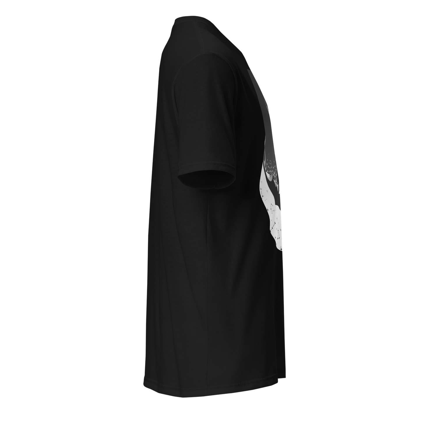 Black t-shirt with a white graphic on the front