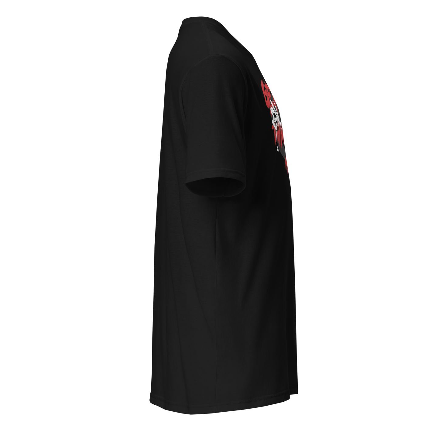 Black t-shirt with a red and white graphic on the sleeve against a white background