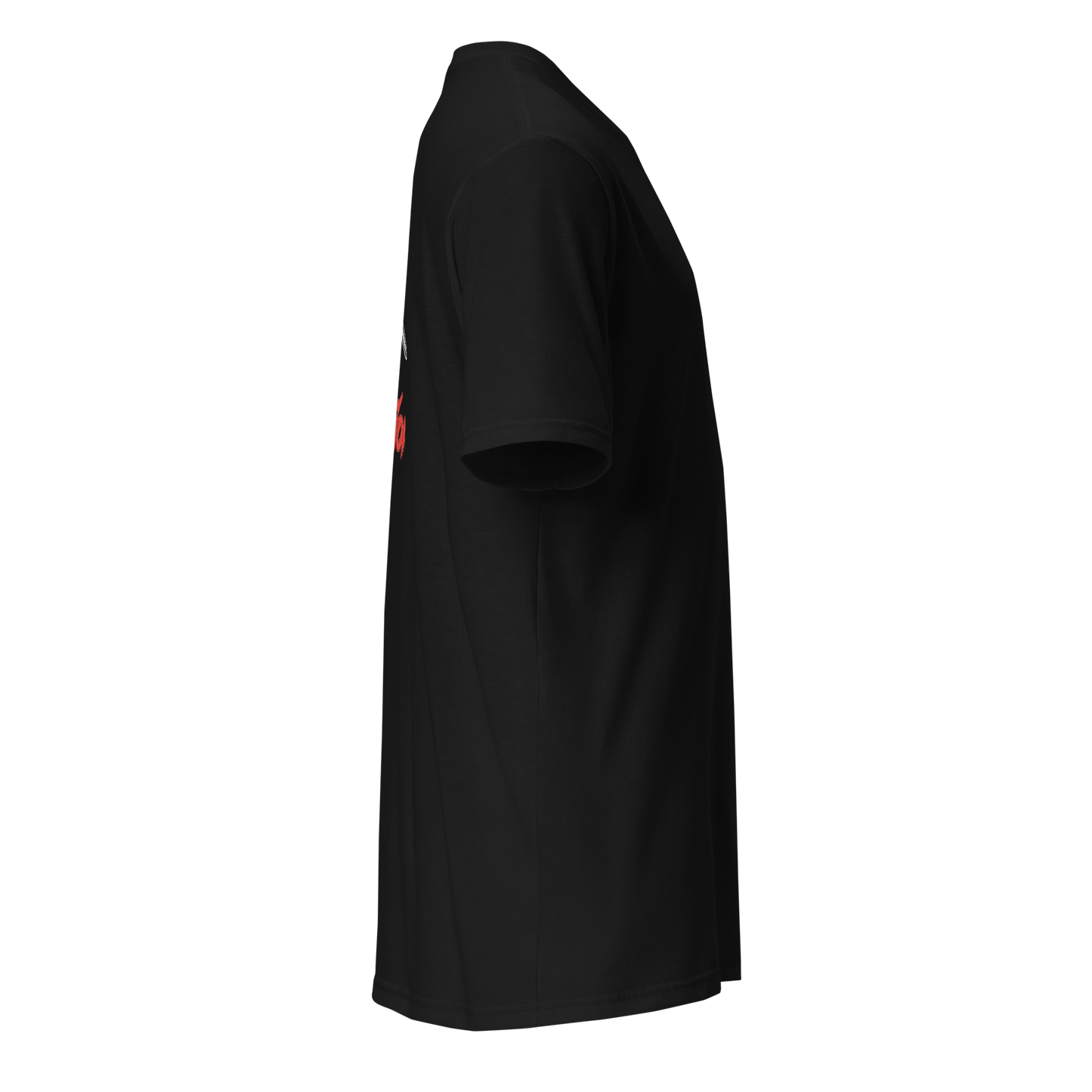 Black t-shirt with a small red logo on a white background