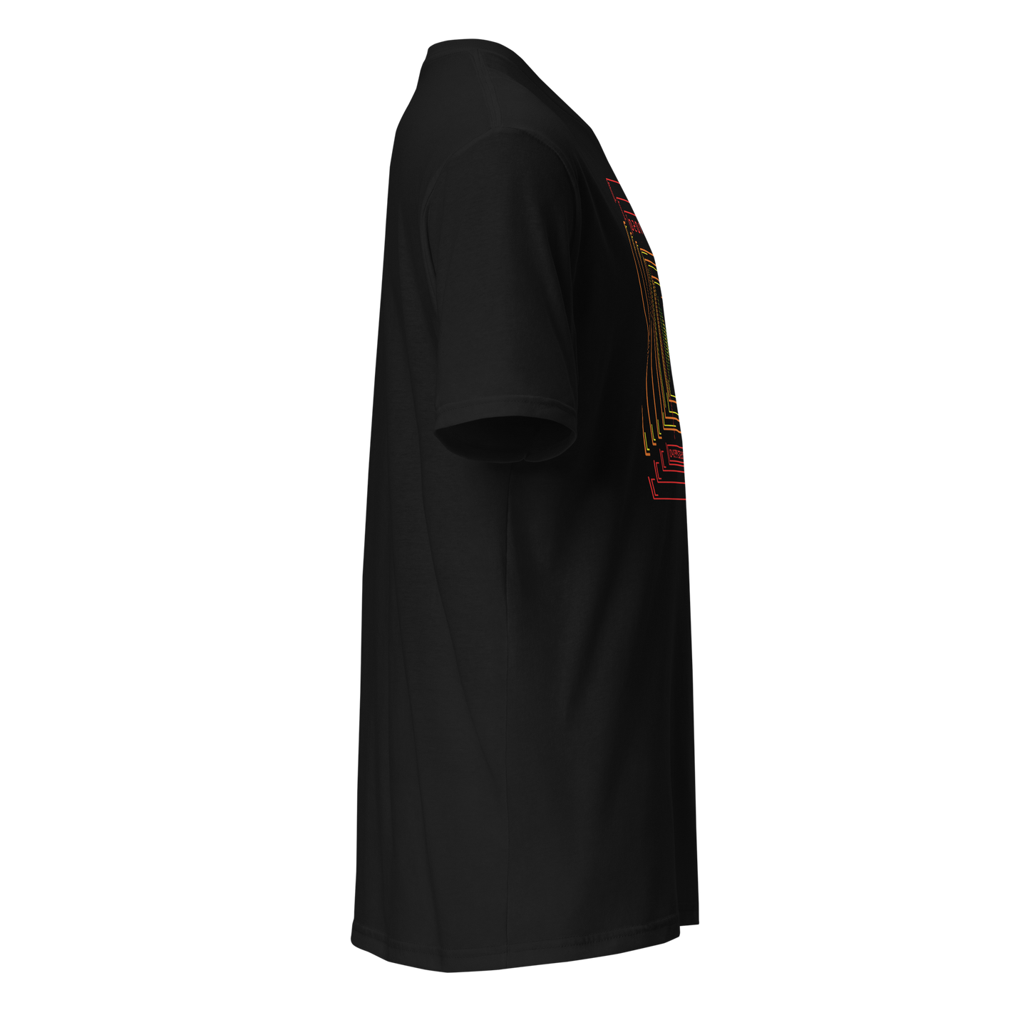 Black t-shirt facing right with red and yellow designs on the front