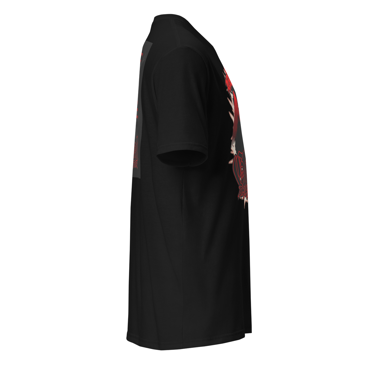 A black short-sleeve t-shirt shown from a side profile view, featuring a red and white graphic print on the right side.