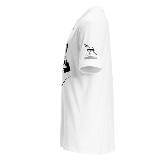 White tee-shirt facing left with black graphic design with black and white neorebellion logo on the left sleeve