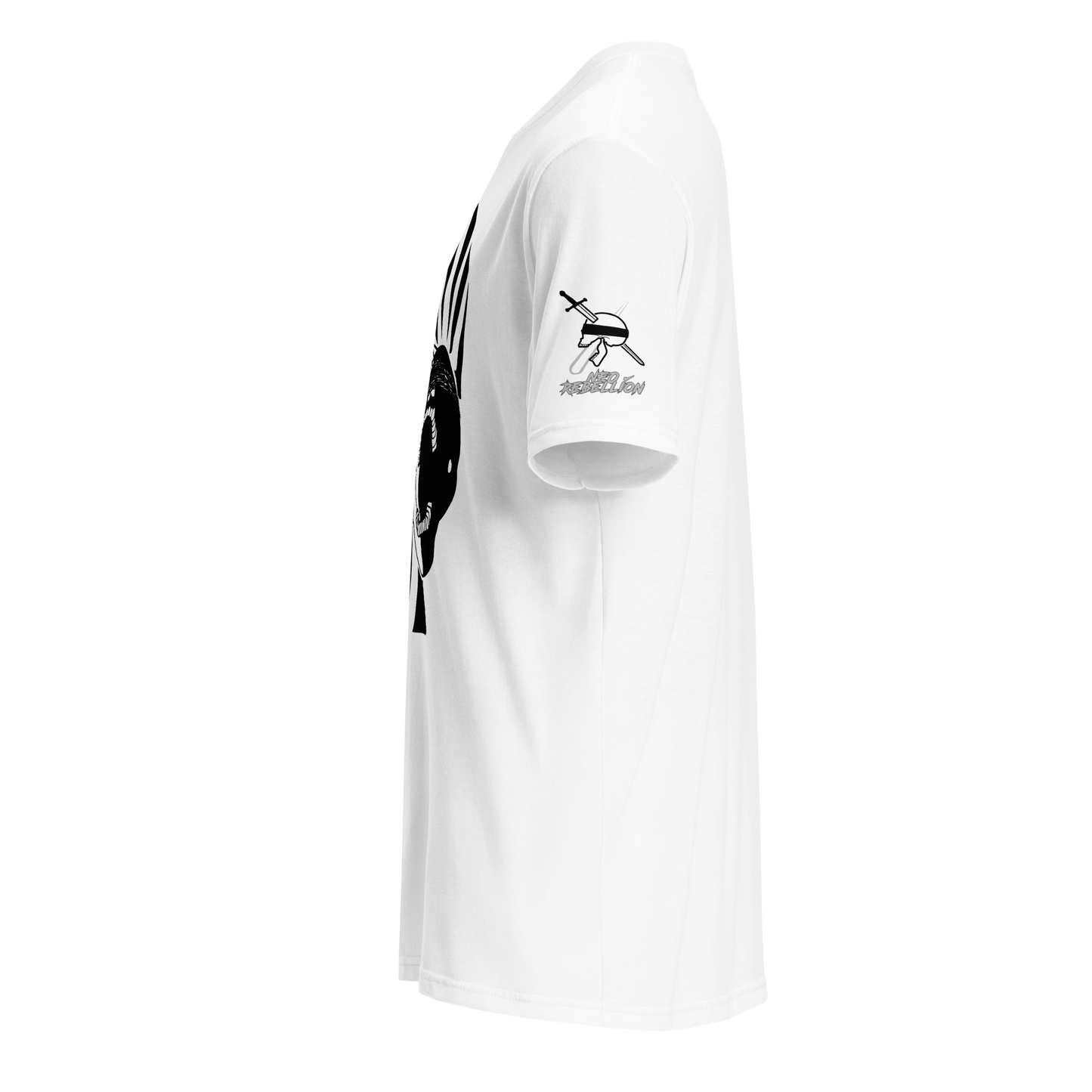 White t-shirt with black graphic design on a white background