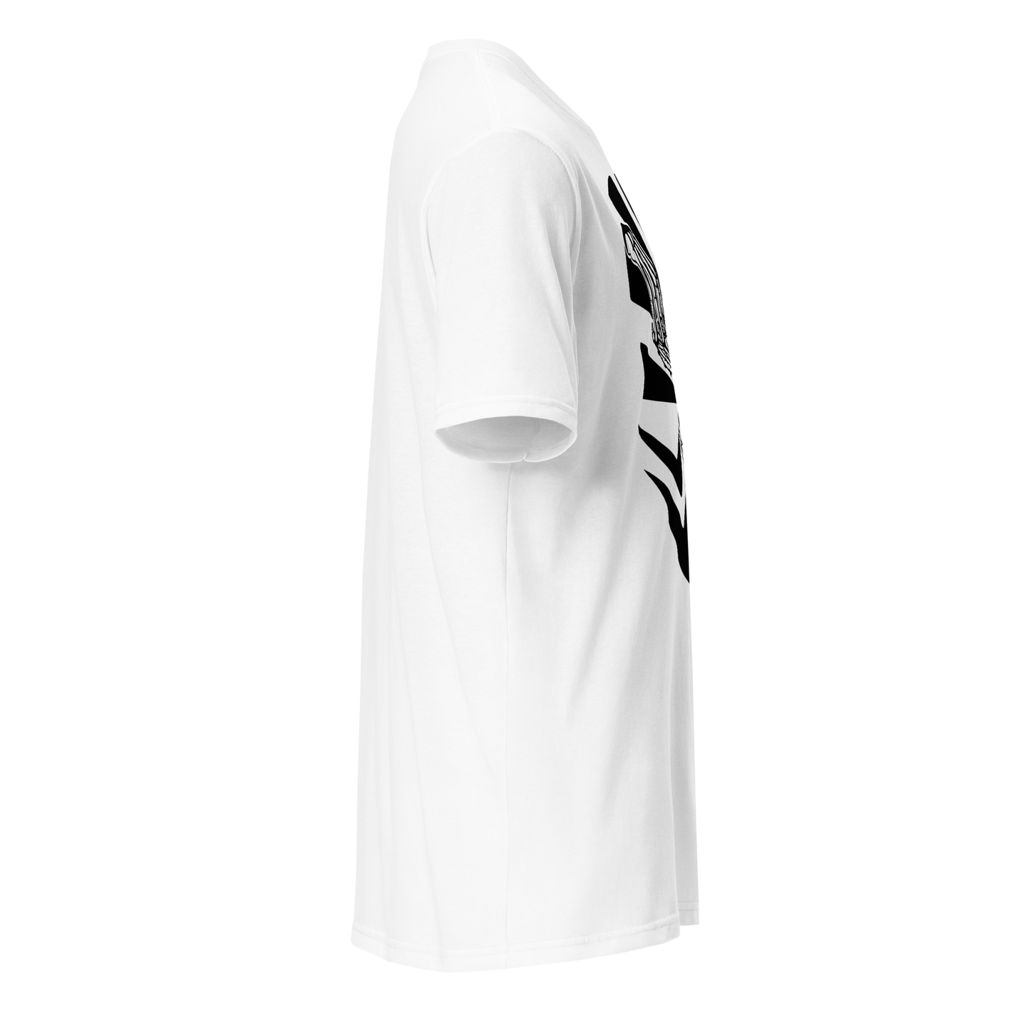 White t-shirt with black graphic design on a white background