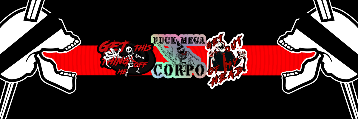 Anti Corporate stickers on a banner in between two neorebellion branded skulls