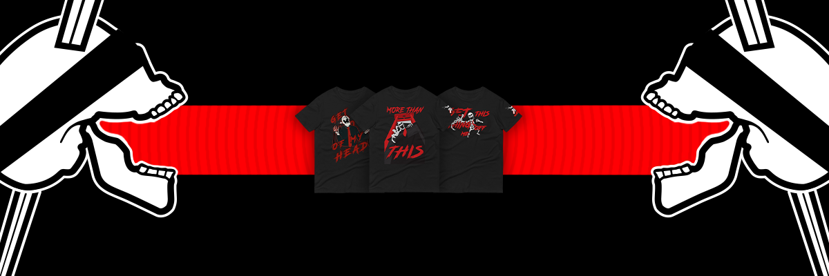 Webpage banner of three black tshirts with anticorporate designs on a banner between two skulls