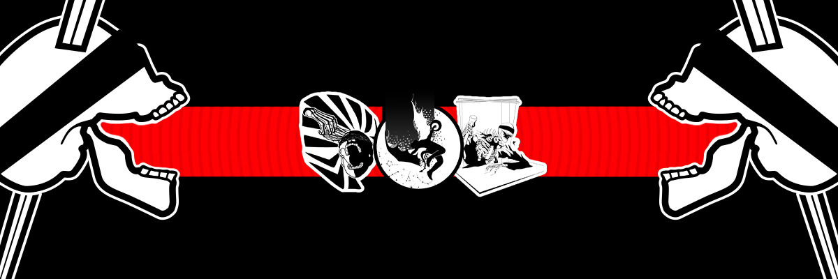 black and white heavy metal stickers on a banner between two neorebellion branded skulls