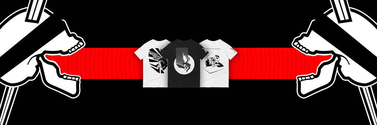 Black and white heavy metal tees on a banner between two neorebellion skulls