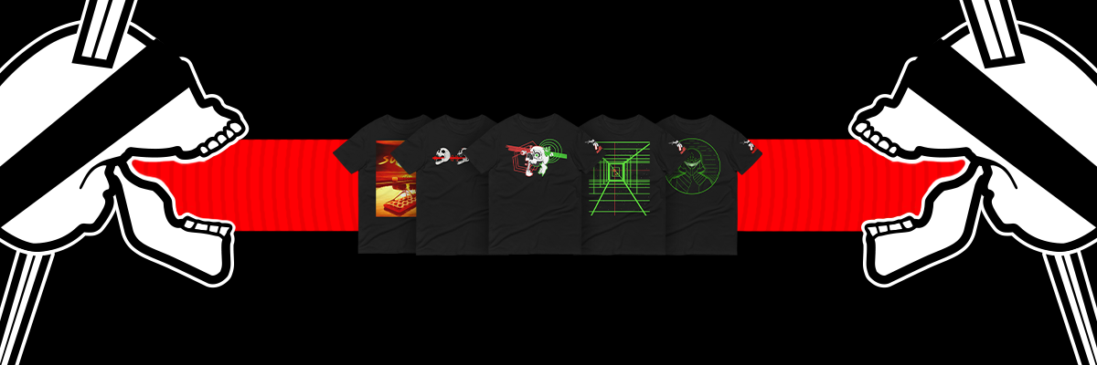 a collection of black tees with science fiction and cyberpunk designs of mostly red and green coloration on a banner between two neorebellion branded skulls