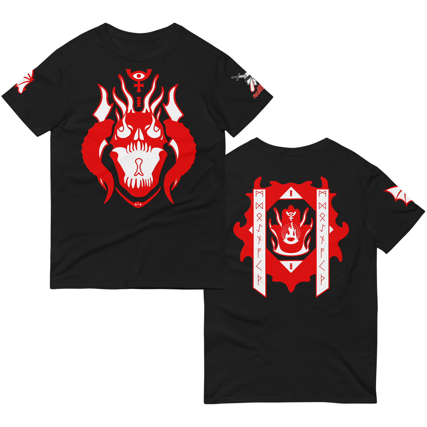 the front and back of Osiris defiled tee with a red and white design of a demon yelling and mystical and pagan symbology featuring the ankh on a black shirt