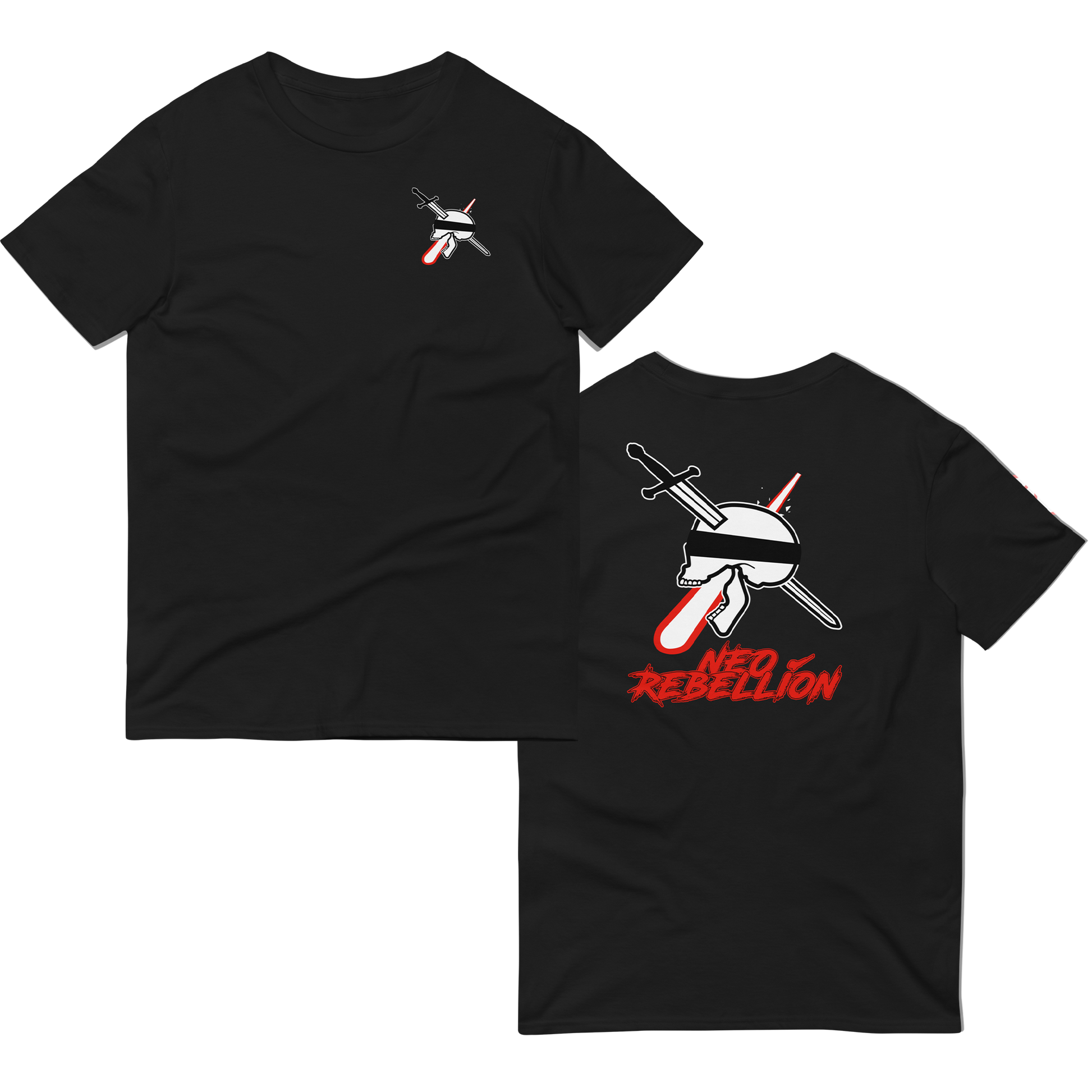 The front and back of a NeoRebellion branded black tee shirt, the front featuring a small logo in the front breast pocket area, and the back with a large logo