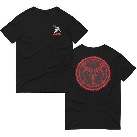 The front and backside of a black tshirt with heavy metal thrash designs on the back in red color. The front has the neorebellion logo on the breast pocket and the back features the red design