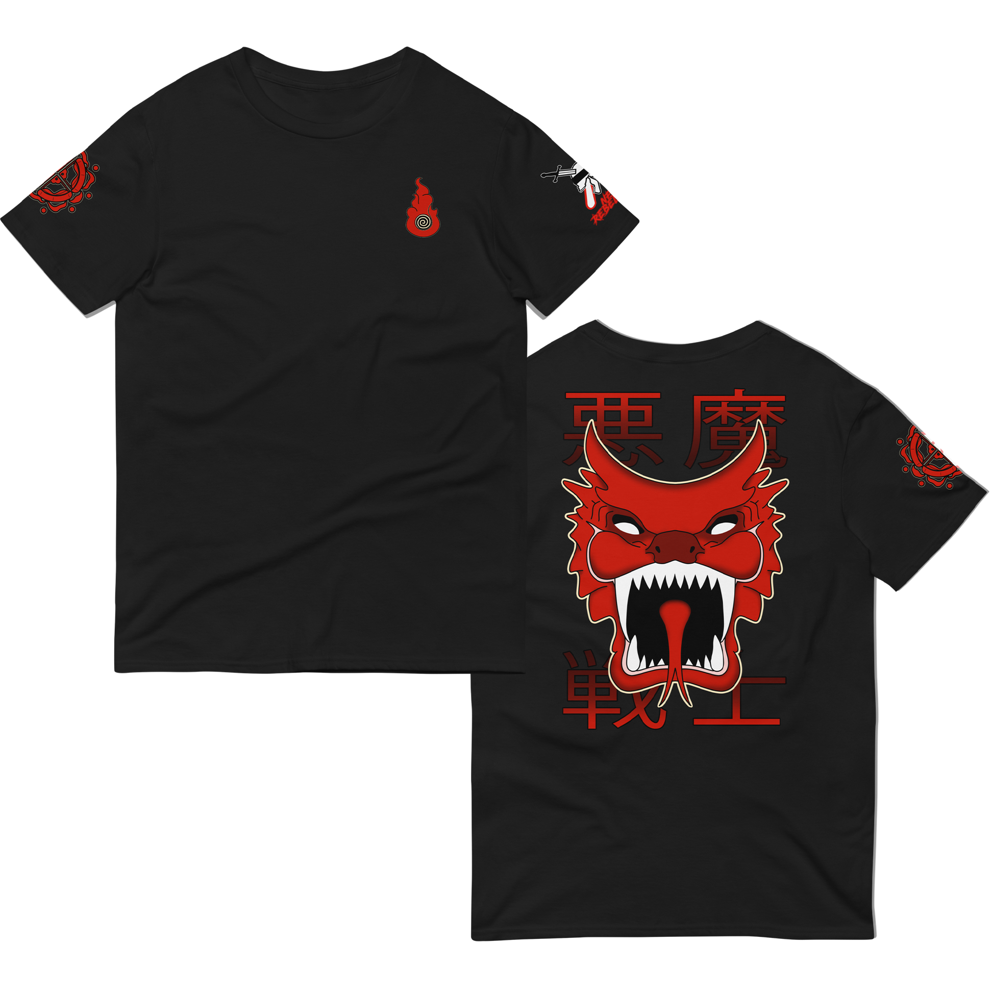 Front and back of black NeoRebellion Tee with Japanese inspired yokai design on the back, and anime style small spiral design on the front, with red and white colors