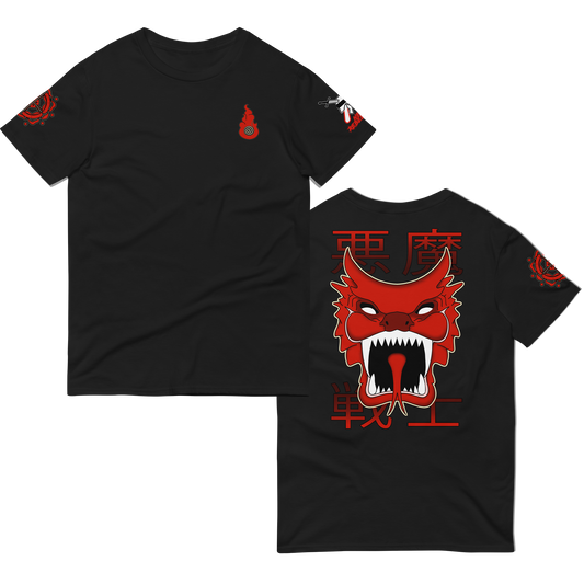 Front and back of black NeoRebellion Tee with Japanese inspired yokai design on the back, and anime style small spiral design on the front, with red and white colors