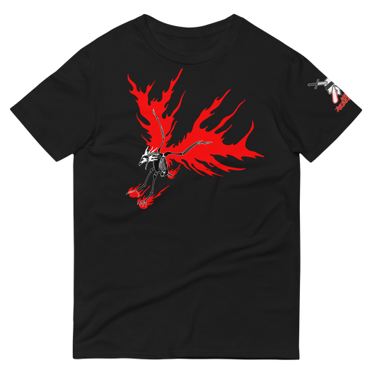 Black t-shirt with a screeching eagle skeleton on fire 