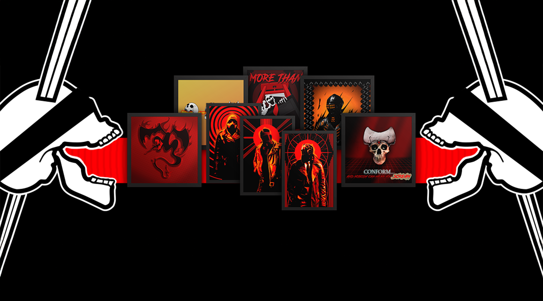 A collage of warmly colored neorebellion framed posters on a banner between two skulls