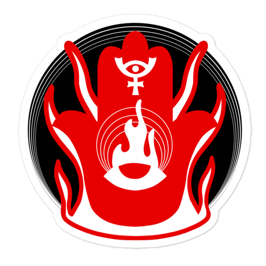 Red and black symbol with white center on a white background