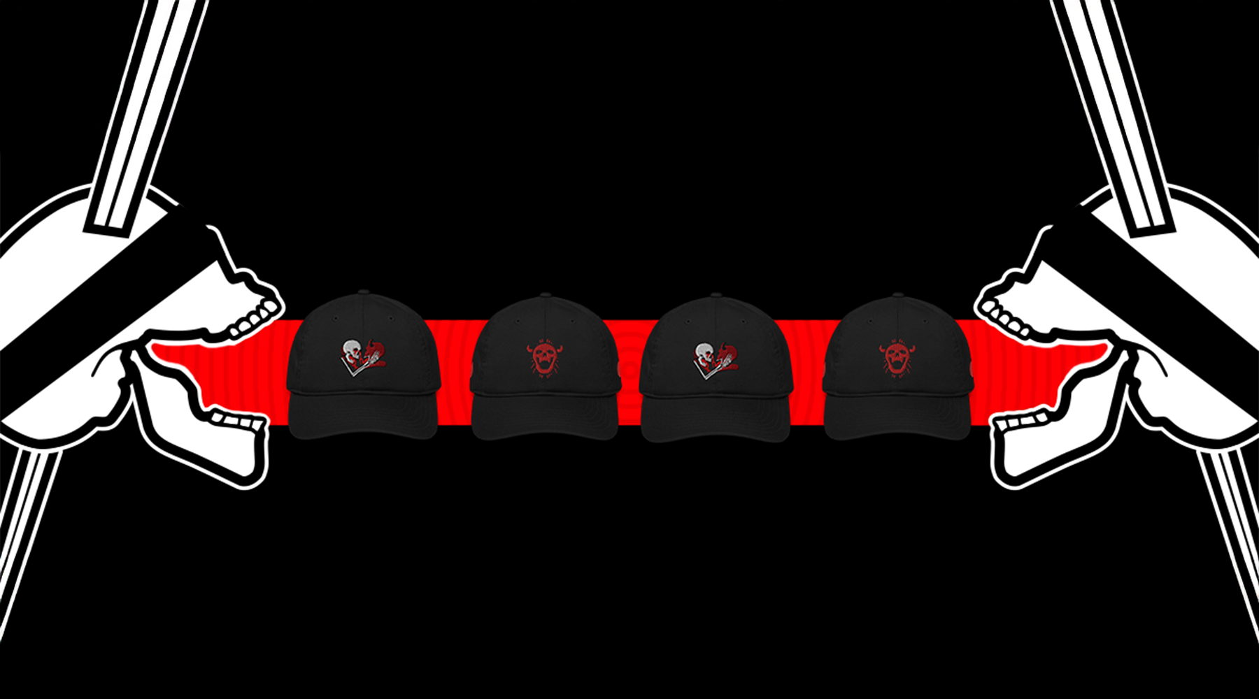 four black neorebellion hats on a red banner between two skulls