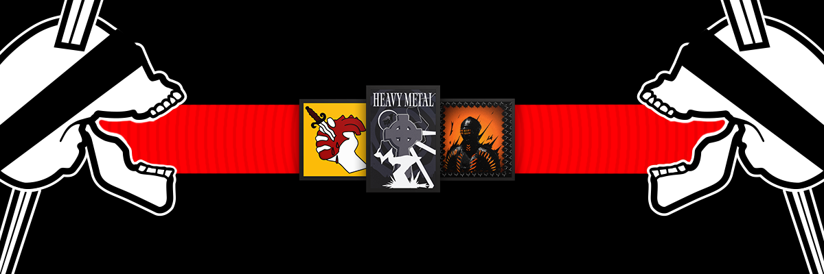Webpage banner of heavy metal framed posters between two skulls