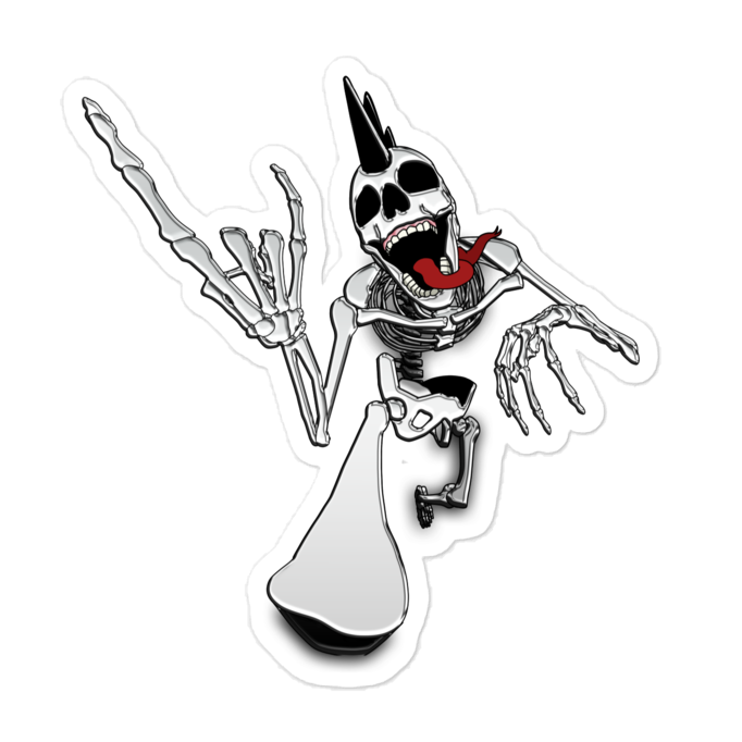 Heavy metal chrome skeletal character with a red tongue and a mohawk, on a white background