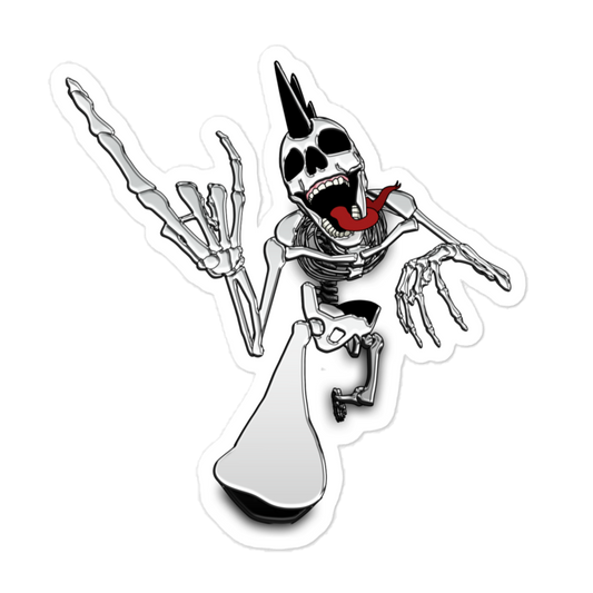 Heavy metal chrome skeletal character with a red tongue and a mohawk, on a white background