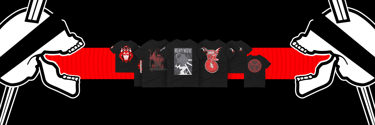 a collection of black tees with heavy metal tees on a banner between two neorebellion branded skulls