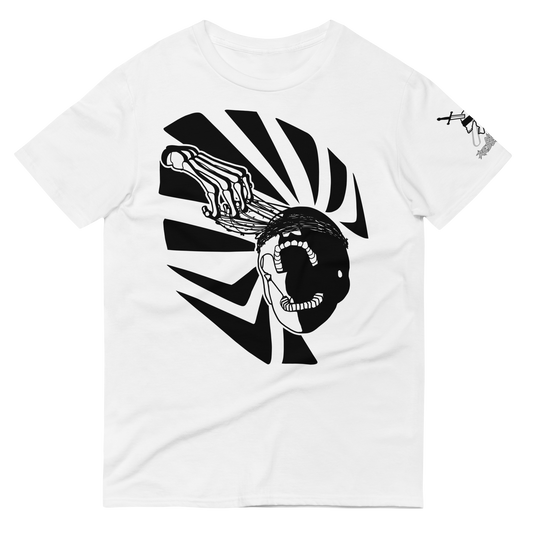 White t-shirt with a skeleton pulling thorns from its face