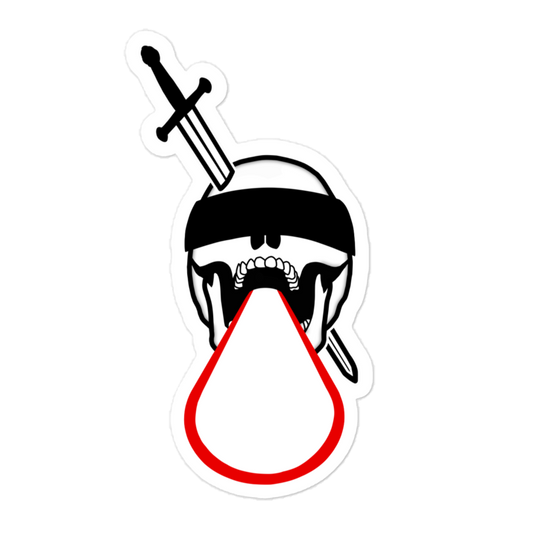 Sticker design with a skull with a sword in it spitting a red laser, on a white background.