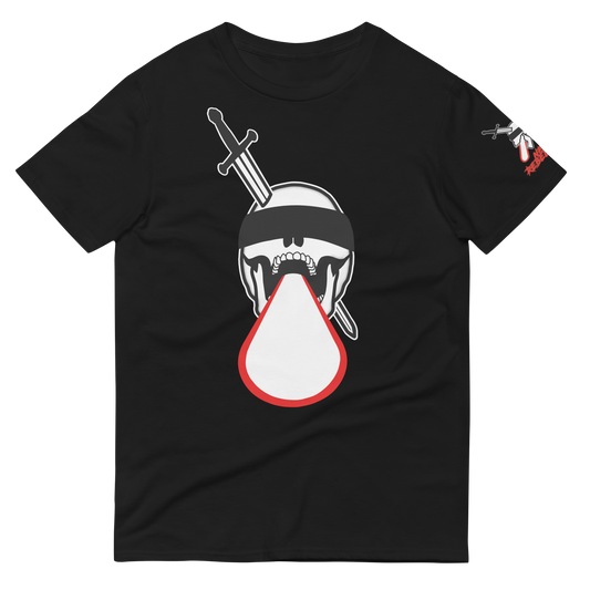 Black t-shirt with a graphic design of the NeoRebellion logo skull with a sword in it and a red laser appearing from its mouth