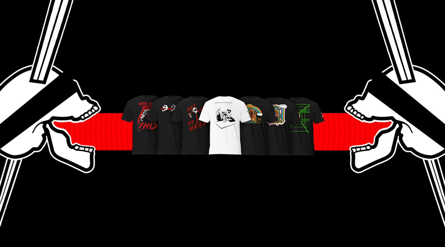 a black and white neorebellion shirt in front of six shirts with colorful designs on a banner in between two skulls