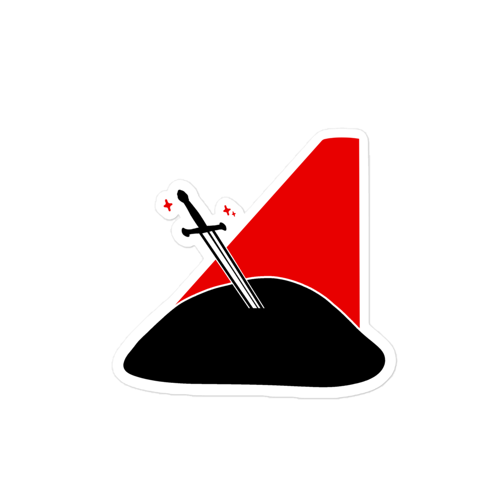 A sticker with a medieval style sword design, predominantly red with a black base and a white outline.
