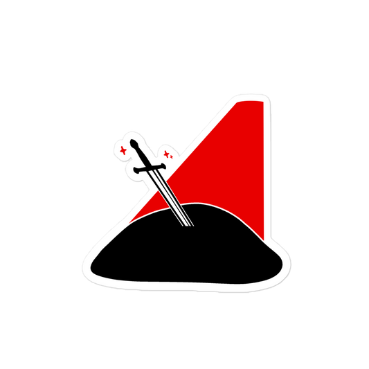 A sticker with a medieval style sword design, predominantly red with a black base and a white outline.
