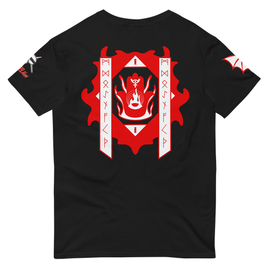 Black t-shirt with red and white hell gate and psychic pagan graphic design with ankh