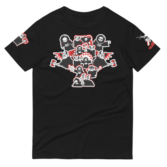 Black t-shirt with red and white graphic design depicting Oz and Rob Neorebellion mascots together on a white background
