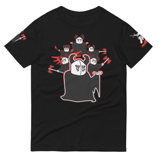 Black t-shirt with a graphic design of Neorebellion mascot Rob in a collage style on a black background