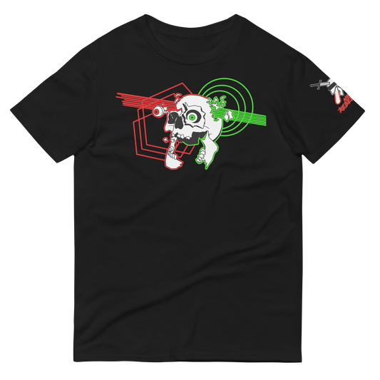 Black t-shirt with a skull being shattered by a red and green laser