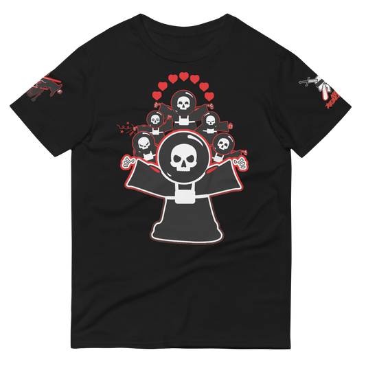 Black t-shirt with a graphic design featuring NeoRebellion mascot Rob in a collage on a black background