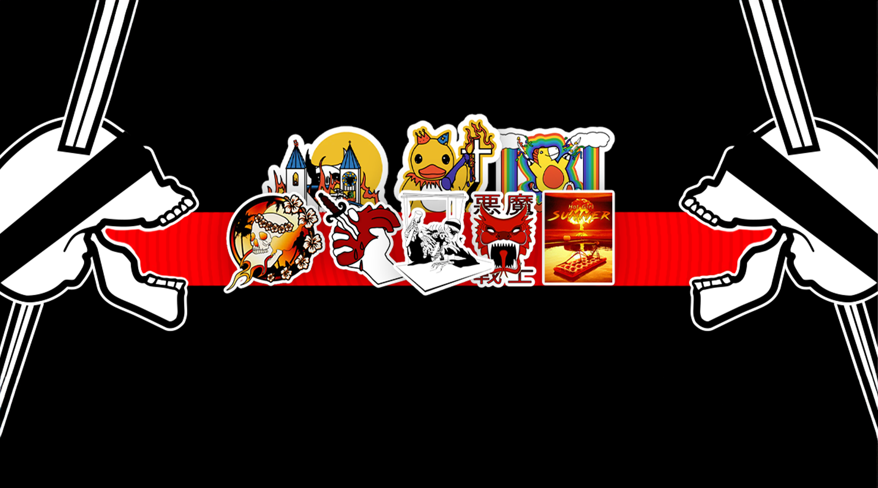 A collage of neorebellion stickers on a banner between two skulls