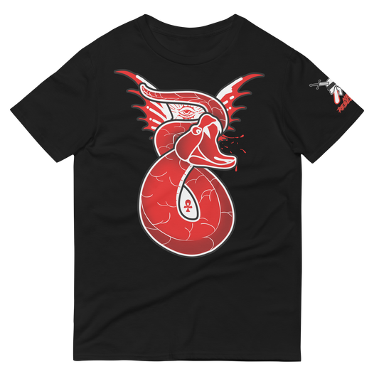 Black t-shirt with a red and white serpent design