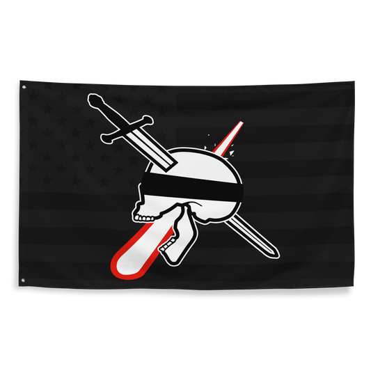 Flag with a skull, sword, and red object design on a black background
