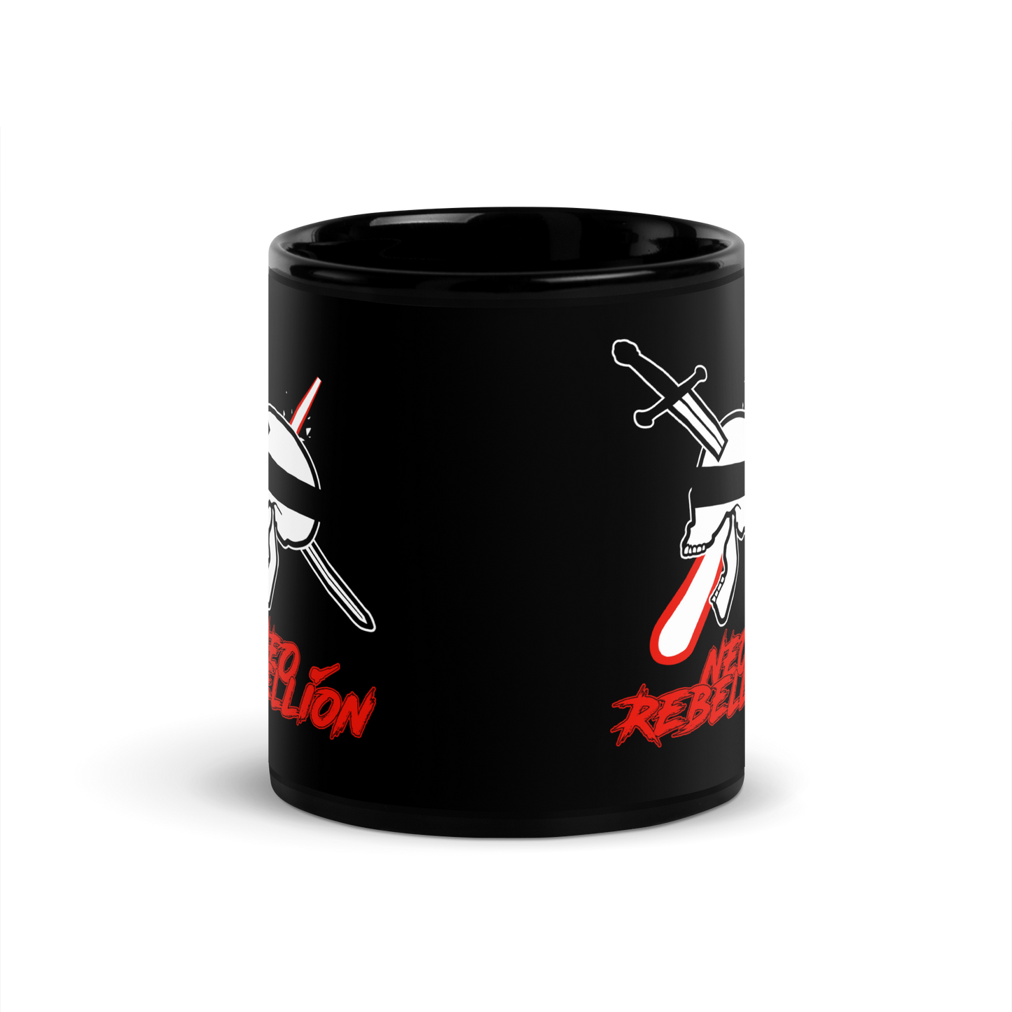 Black mug with skull and crossbones design and 'Rebellion' text on a white background