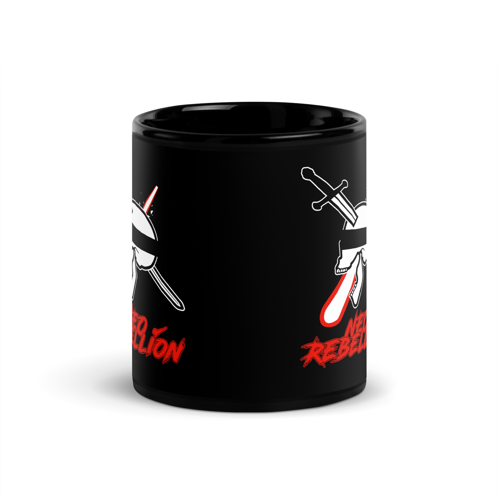 Black mug with skull and crossbones design and 'Rebellion' text on a white background