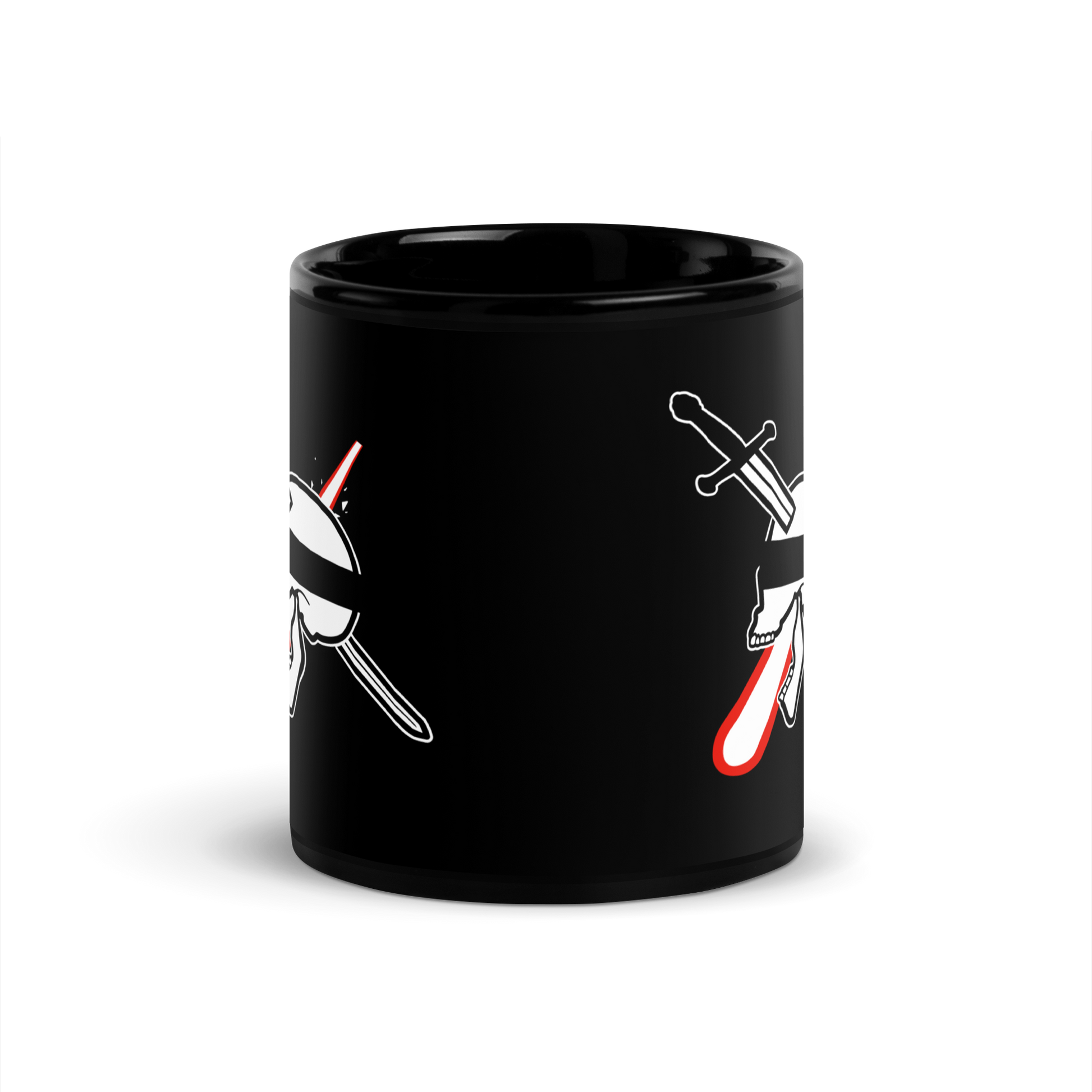 Black mug with graphic designs on a white background