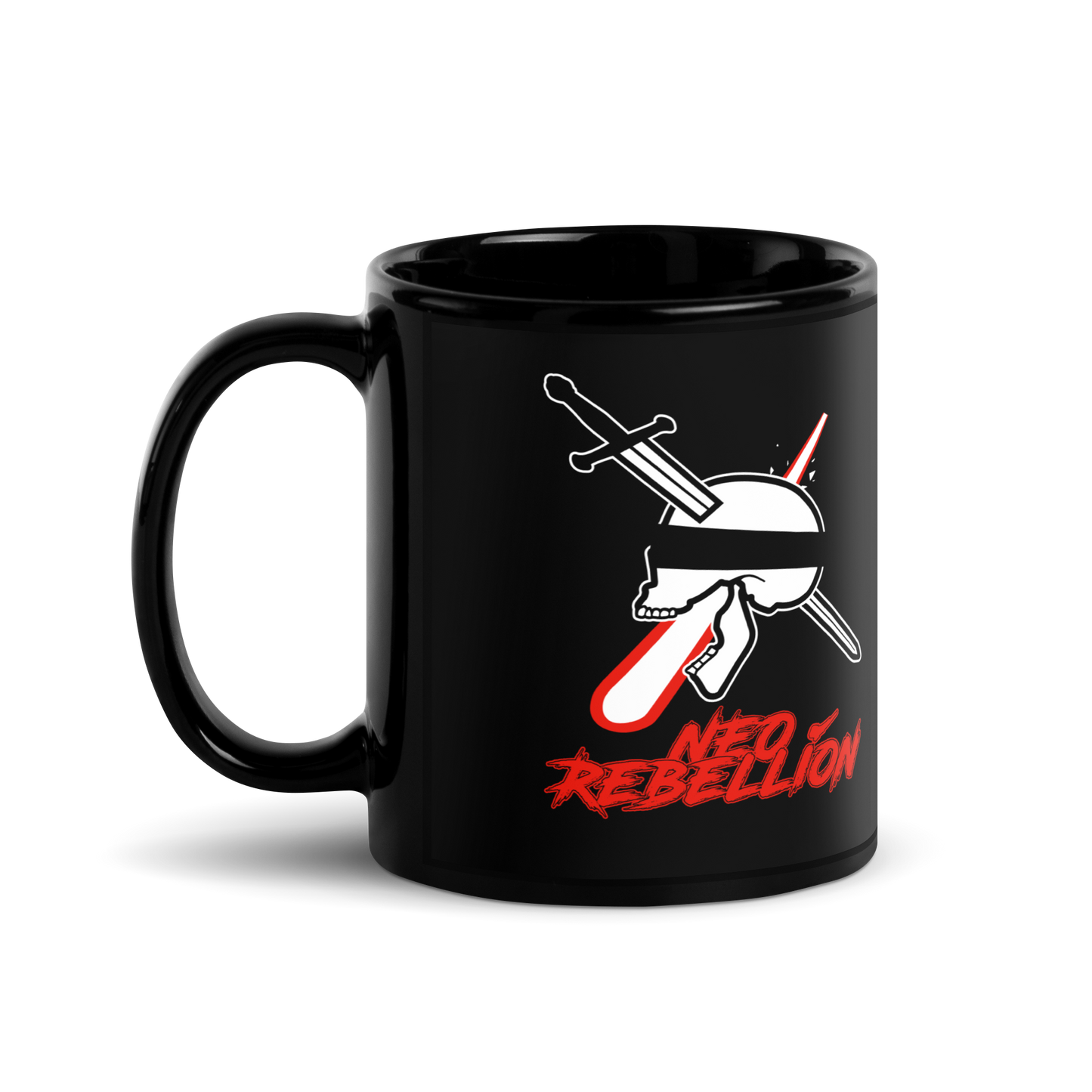 Black mug with a graphic design featuring a helmet and sword crossed over, with 'Neo Rebellion' text in red.