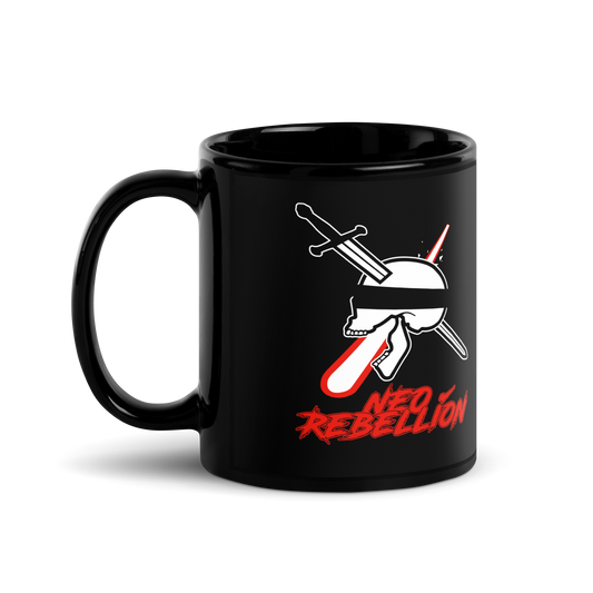 Black mug with a graphic design featuring a helmet and sword crossed over, with 'Neo Rebellion' text in red.