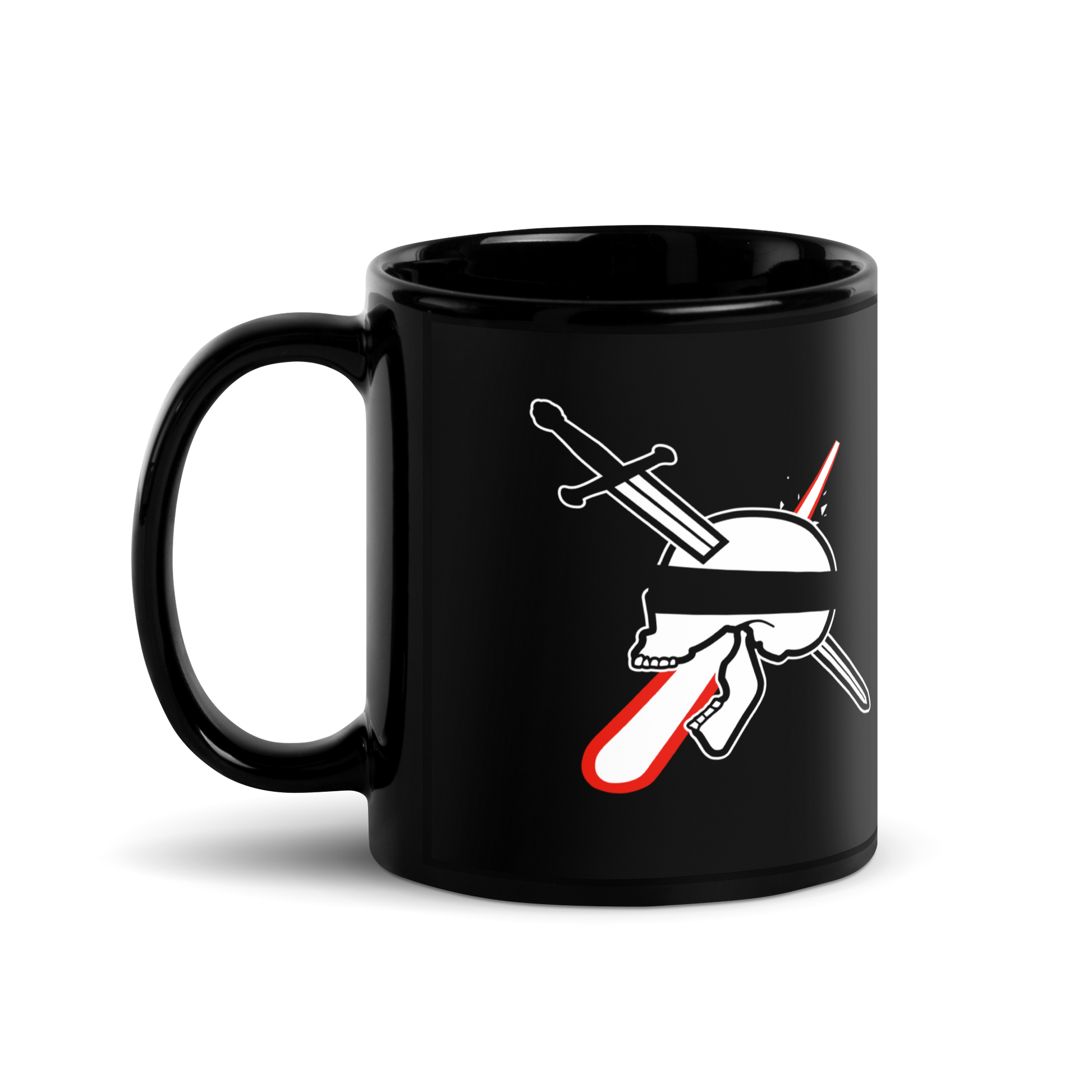 Black mug with a skull and crossed sword design on a white background