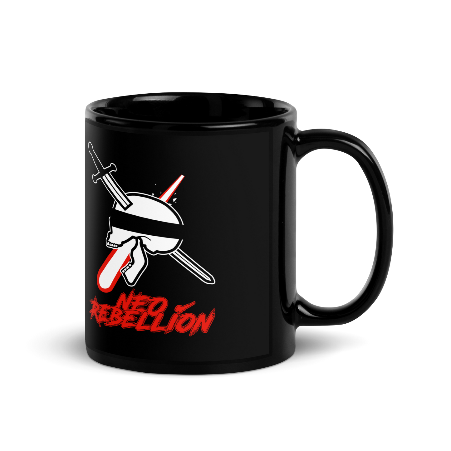 Black mug with a graphic design and 'Neo Rebellion' text on a white background