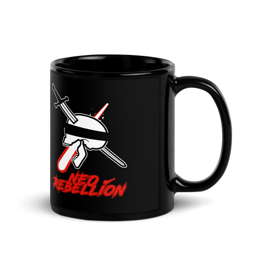 Black mug with a graphic design and 'Neo Rebellion' text on a white background