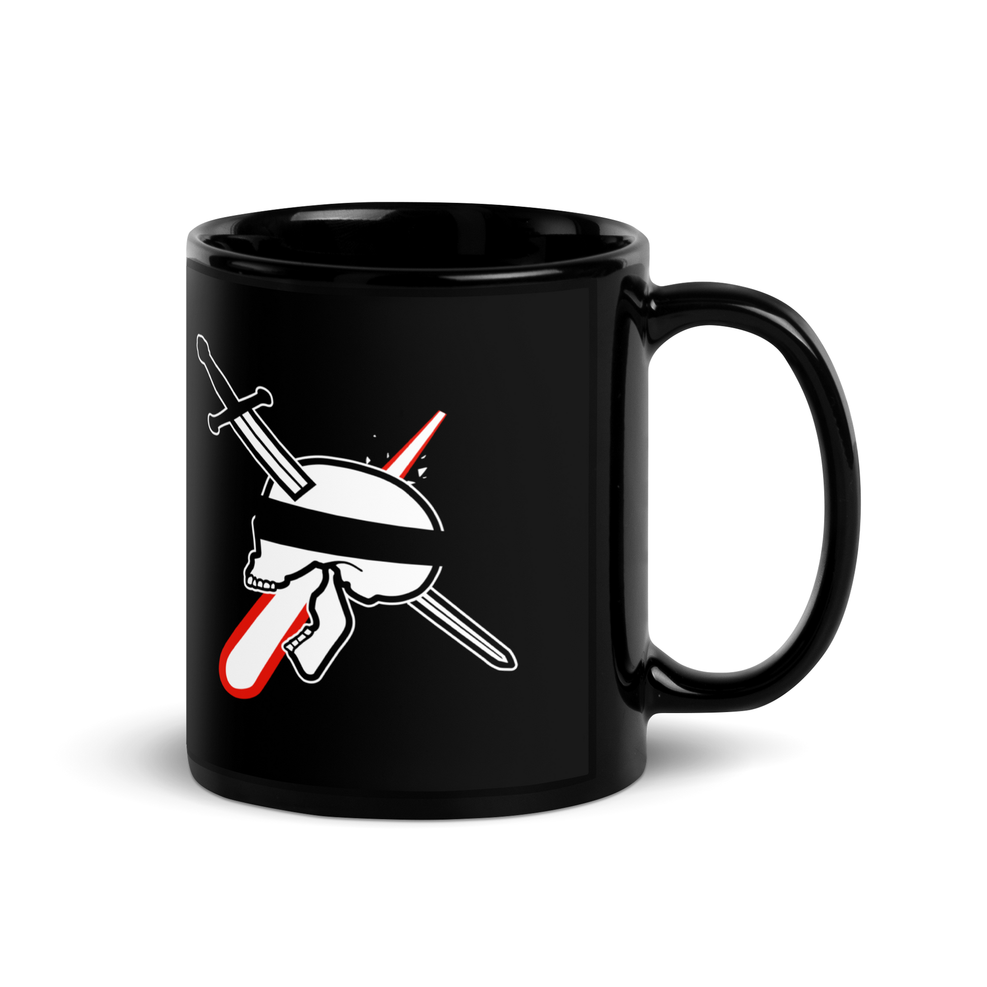 Black mug with a skull design featuring a sword and a red light laser on a white background