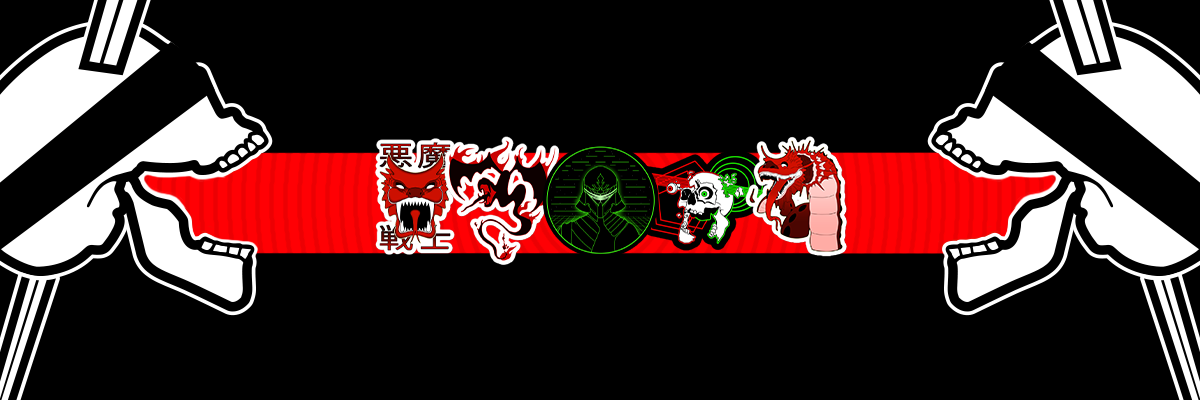 scifi and cyberpunk stickers on a banner in between two neorebellion branded skulls